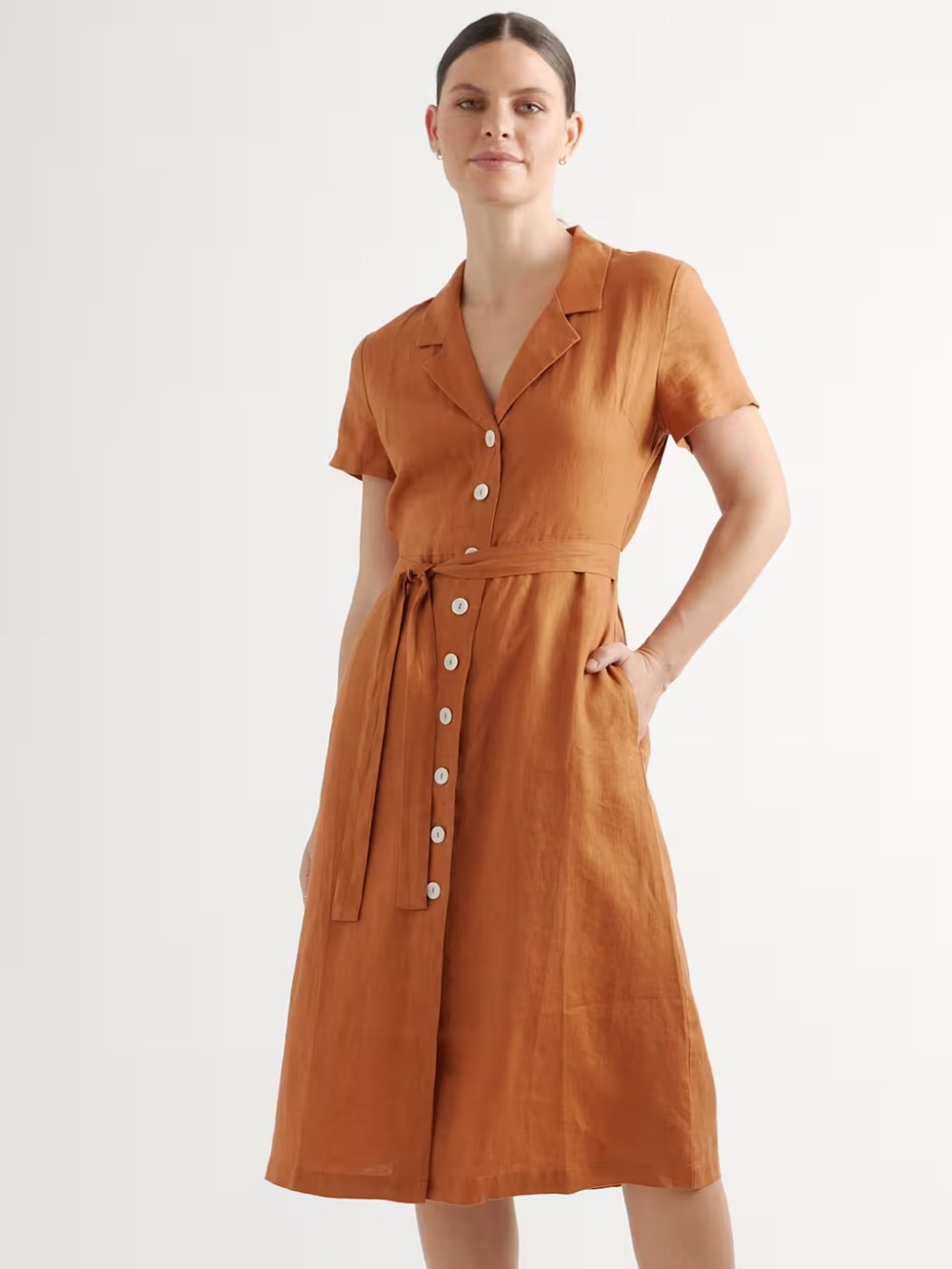 Quince Linen Button-Front Short Sleeve Midi Dress